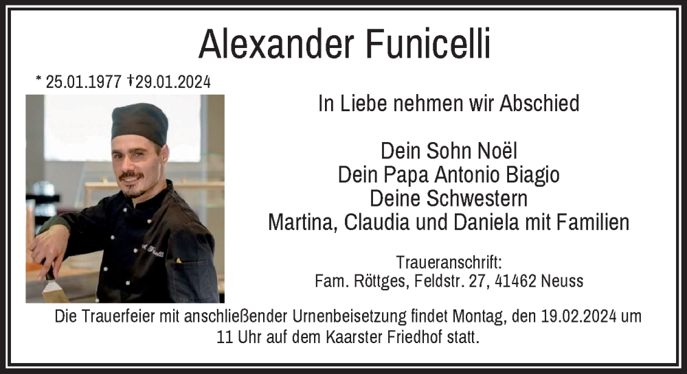  Traueranzeige für Alexander Funicelli vom 10.02.2024 aus Rheinische Post