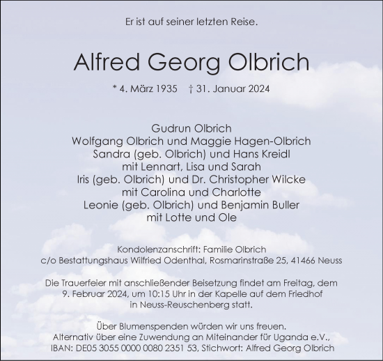 Traueranzeige von Alfred Georg Olbrich von Rheinische Post