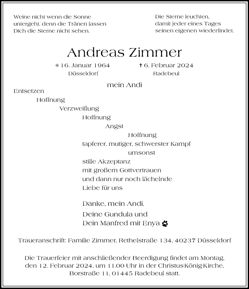  Traueranzeige für Andreas Zimmer vom 10.02.2024 aus Rheinische Post