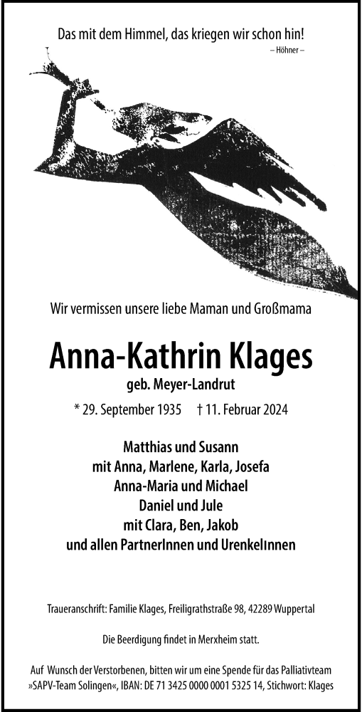 Traueranzeige von Anna-Kathrin Klages von Rheinische Post