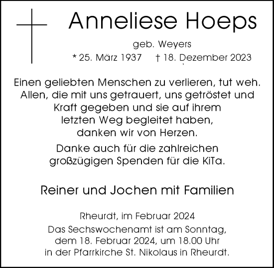 Traueranzeige von Anneliese Hoeps von Rheinische Post