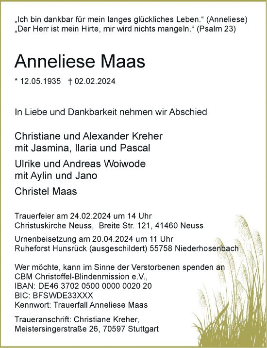 Traueranzeige von Anneliese Maas von Rheinische Post