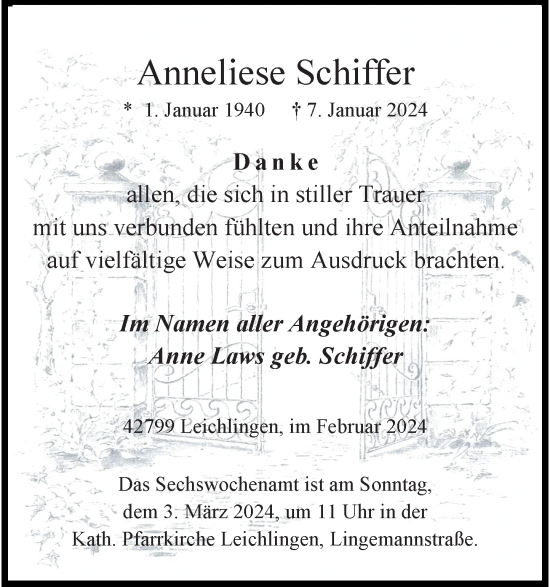 Traueranzeige von Anneliese Schiffer von Rheinische Post