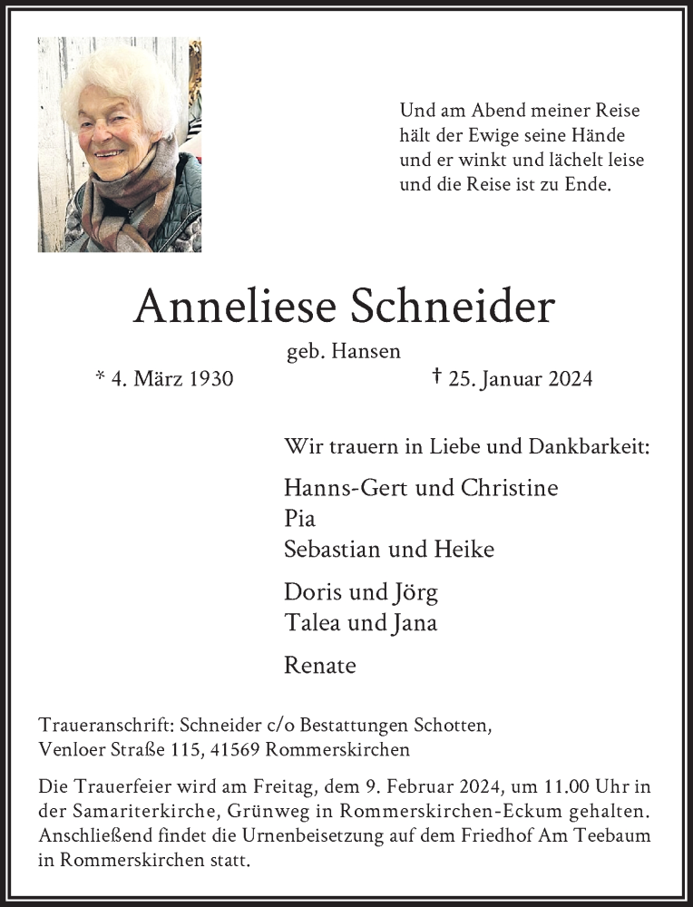  Traueranzeige für Anneliese Schneider vom 03.02.2024 aus Rheinische Post