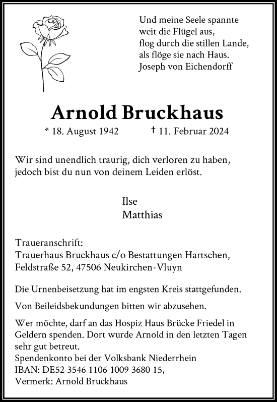Traueranzeige von Arnold Bruckhaus von Rheinische Post