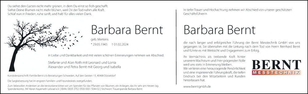  Traueranzeige für Barbara Bernt vom 10.02.2024 aus Rheinische Post