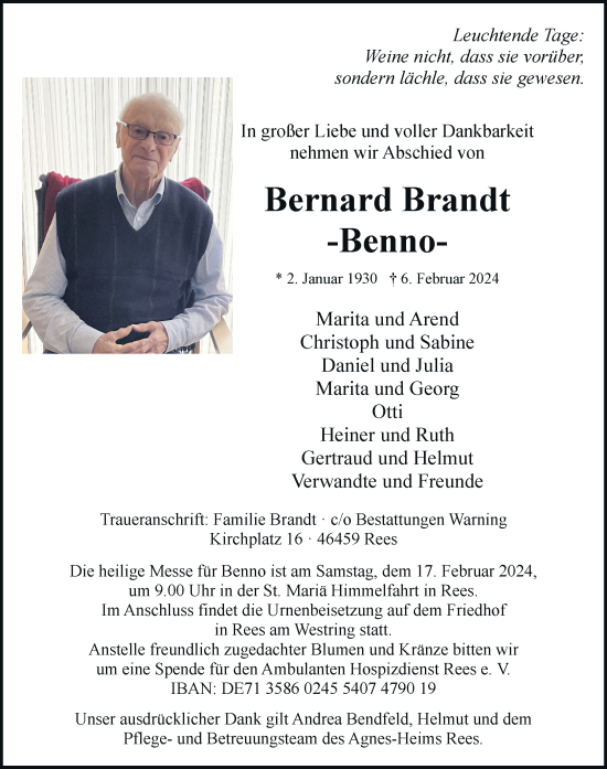 Traueranzeige von Bernard Brandt von Rheinische Post