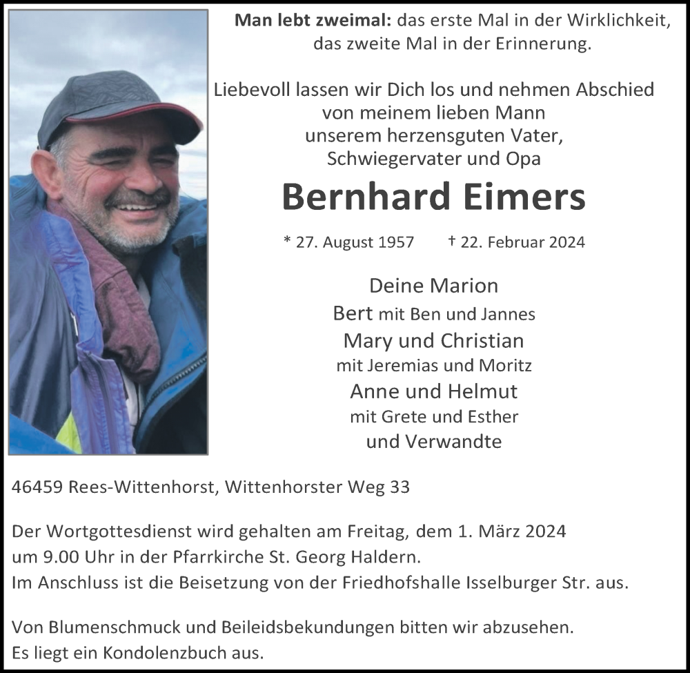  Traueranzeige für Bernhard Eimers vom 27.02.2024 aus Rheinische Post