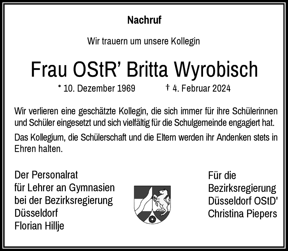  Traueranzeige für Britta Wyrobisch vom 10.02.2024 aus Rheinische Post