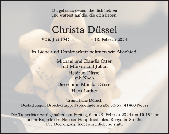 Traueranzeige von Christa Düssel von Rheinische Post