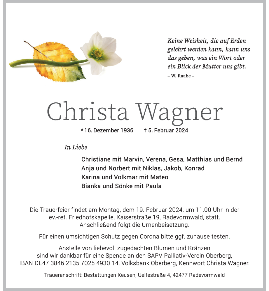  Traueranzeige für Christa Wagner vom 10.02.2024 aus Rheinische Post