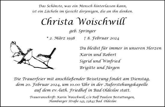 Traueranzeige von Christa Woischwill von Rheinische Post