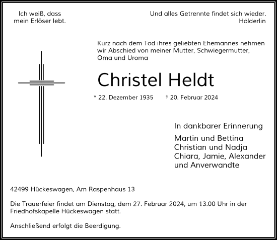 Traueranzeige von Christel Heldt von Rheinische Post