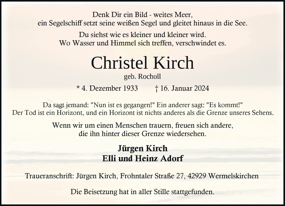 Traueranzeige für Christel Kirch vom 03.02.2024 aus Rheinische Post