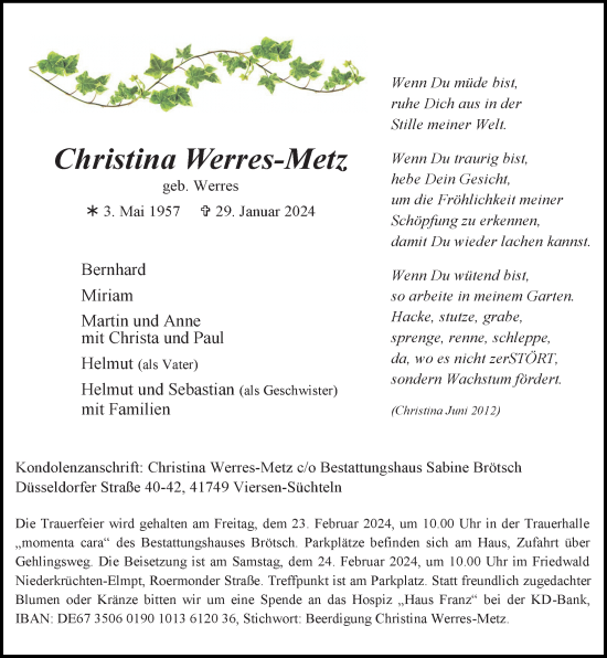 Traueranzeige von Christina Werres-Metz von Rheinische Post