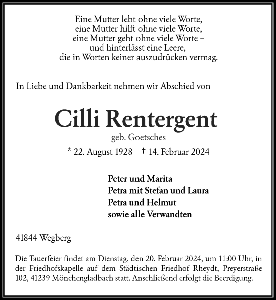 Traueranzeige von Cilli Rentergent von Rheinische Post