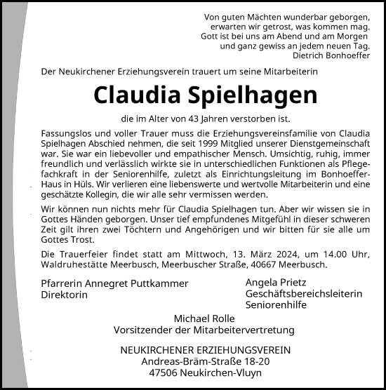 Traueranzeige von Claudia Spielhagen von Rheinische Post