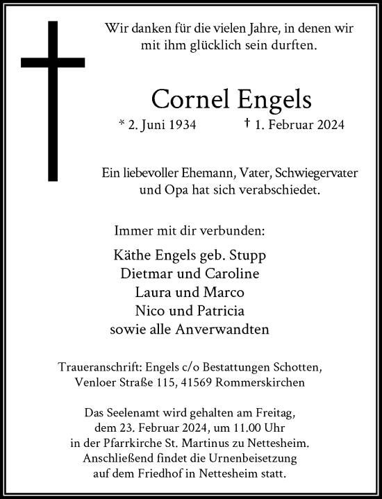 Traueranzeige von Cornel Engels von Rheinische Post