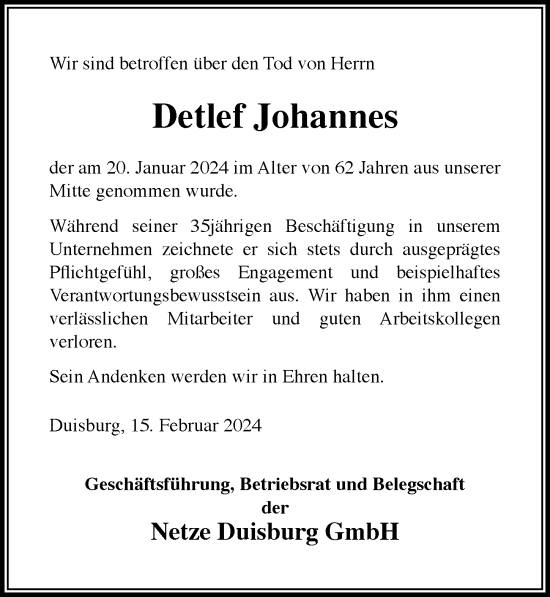 Traueranzeige von Detlef Johannes von Rheinische Post