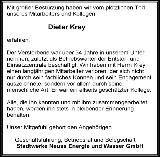 Traueranzeige von Dieter Krey von Rheinische Post