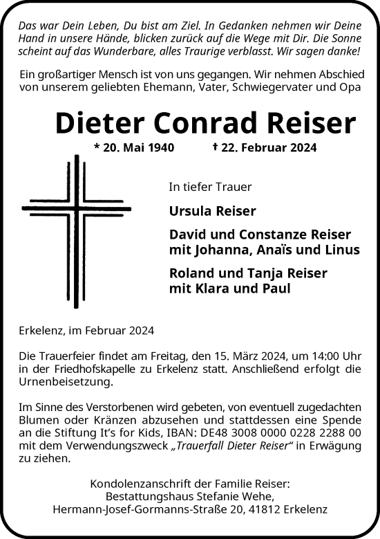 Traueranzeige von Dieter Conrad Reiser von Rheinische Post