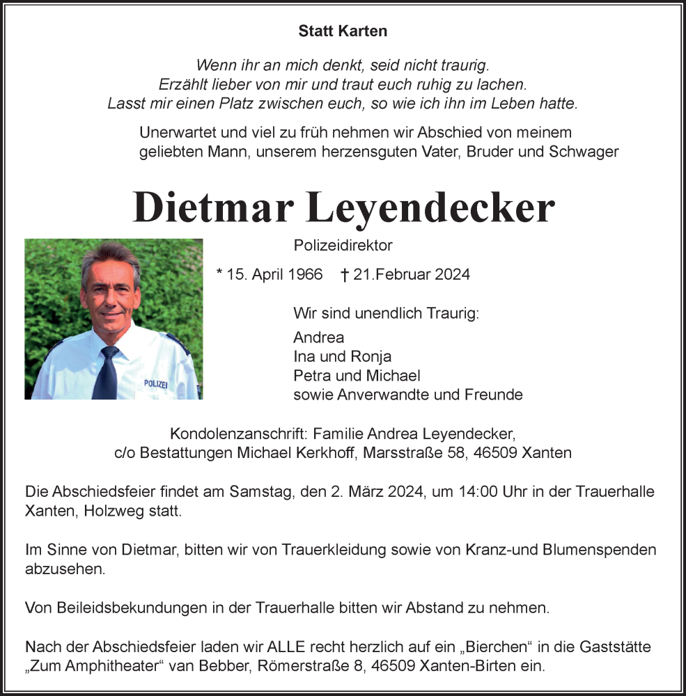  Traueranzeige für Dietmar Leyendecker vom 28.02.2024 aus Rheinische Post