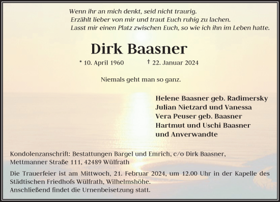 Traueranzeige von Dirk Baasner von Rheinische Post