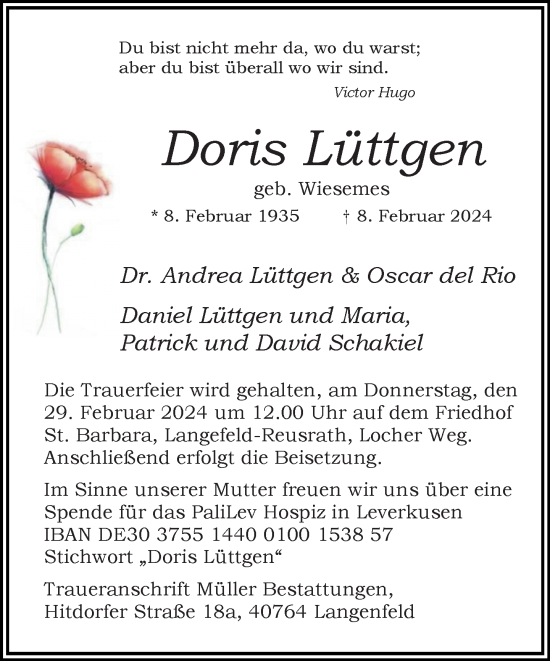 Traueranzeige von Doris Lüttgen von Rheinische Post