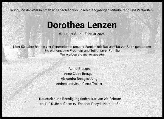 Traueranzeige von Dorothea Lenzen von Rheinische Post