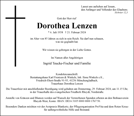 Traueranzeige von Dorothea Lenzen von Rheinische Post