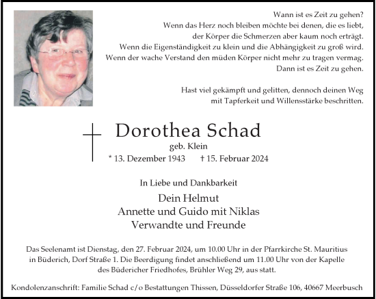 Traueranzeige von Dorothea Schad von Rheinische Post