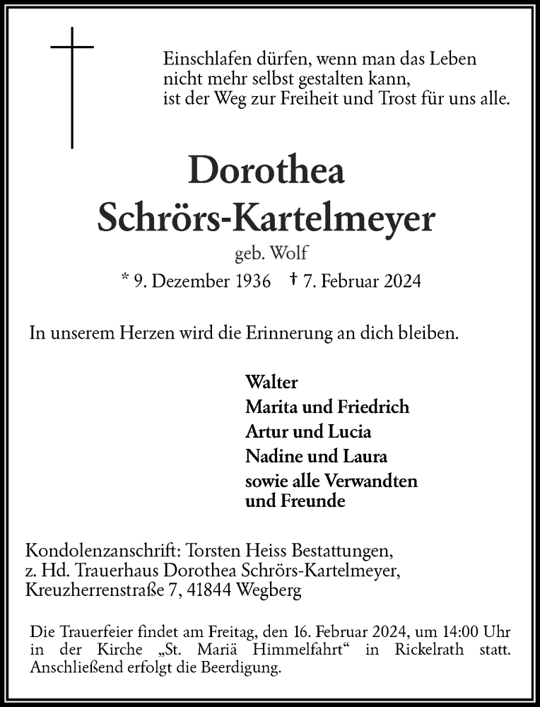  Traueranzeige für Dorothea Schrörs-Kartelmeyer vom 12.02.2024 aus Rheinische Post
