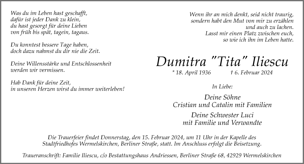  Traueranzeige für Dumitra Iliescu vom 10.02.2024 aus Rheinische Post