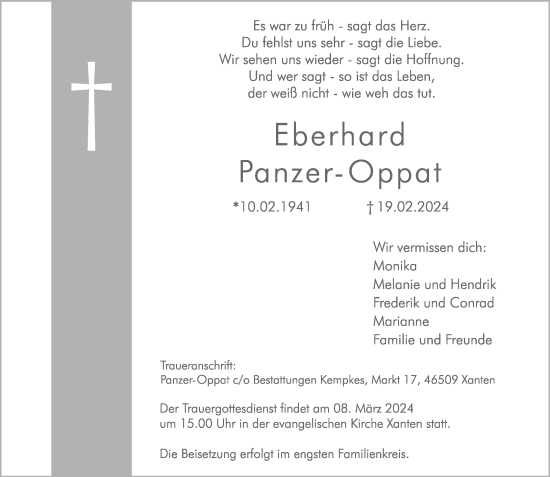 Traueranzeige von Eberhard Panzer-Oppat von Rheinische Post