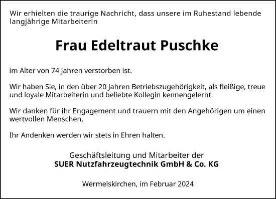 Traueranzeige von Edeltraut Puschke von Rheinische Post