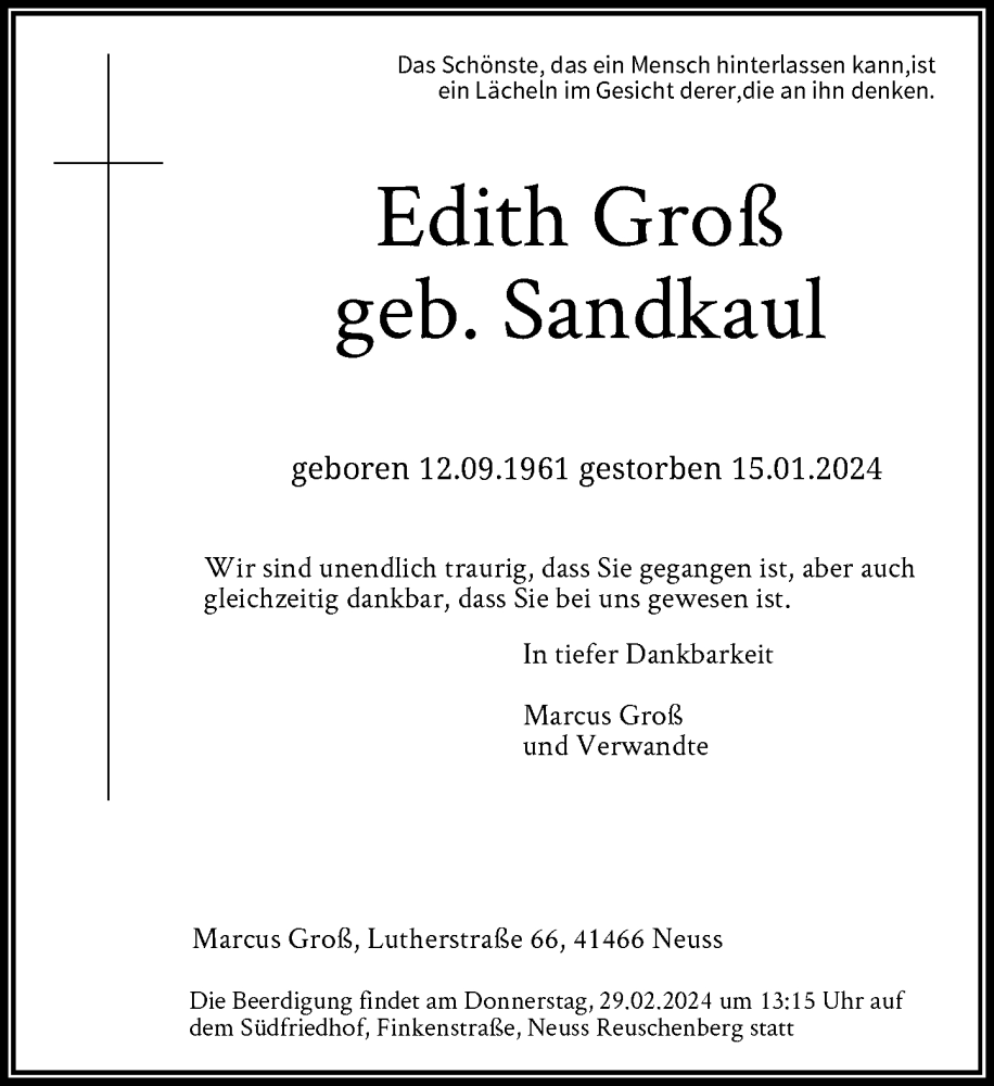  Traueranzeige für Edith Groß vom 10.02.2024 aus Rheinische Post