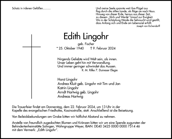 Traueranzeige von Edith Lingohr von Rheinische Post