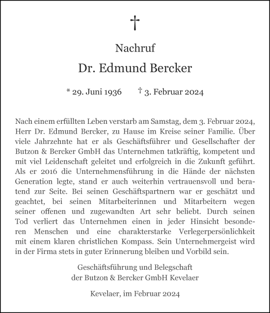 Traueranzeige von Edmund Bercker von Rheinische Post