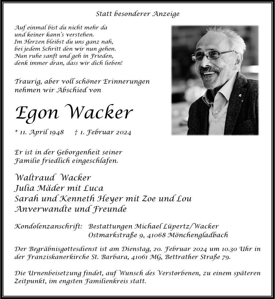  Traueranzeige für Egon Wacker vom 10.02.2024 aus Rheinische Post