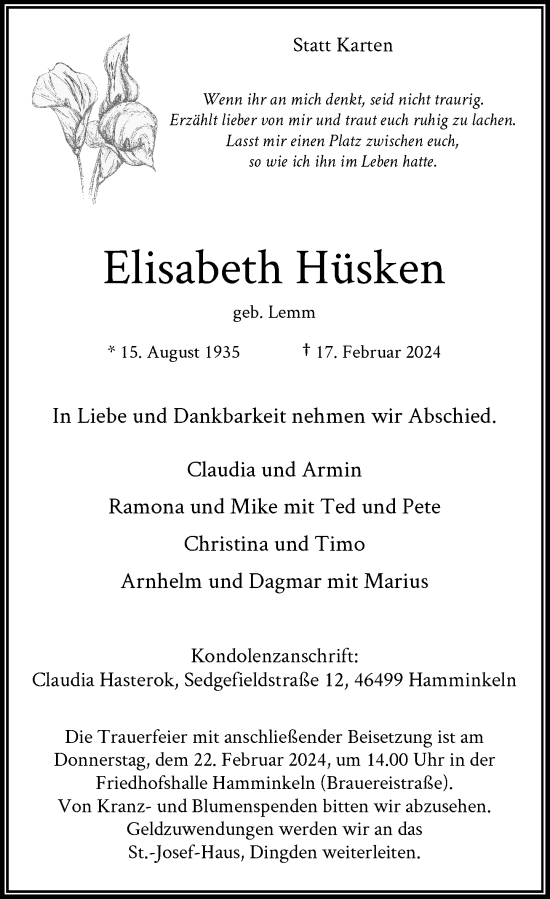 Traueranzeige von Elisabeth Hüsken von Rheinische Post