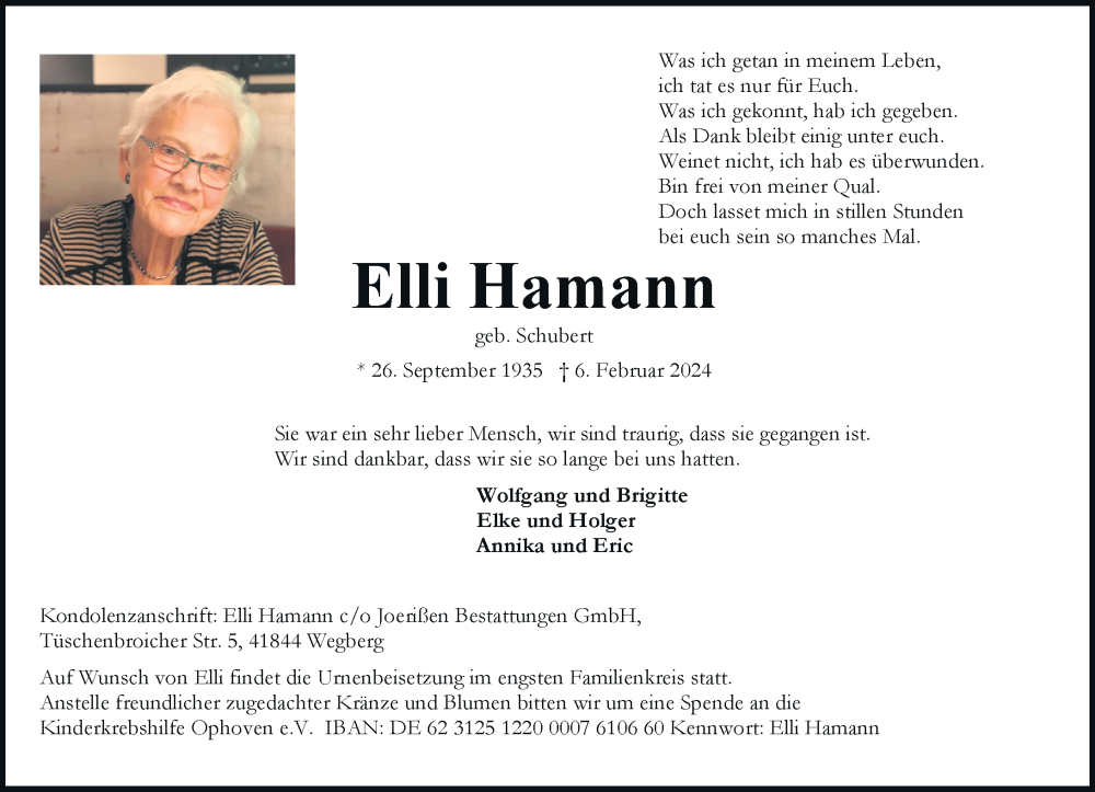  Traueranzeige für Elli Hamann vom 10.02.2024 aus Rheinische Post