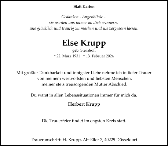 Traueranzeige von Else Krupp von Rheinische Post
