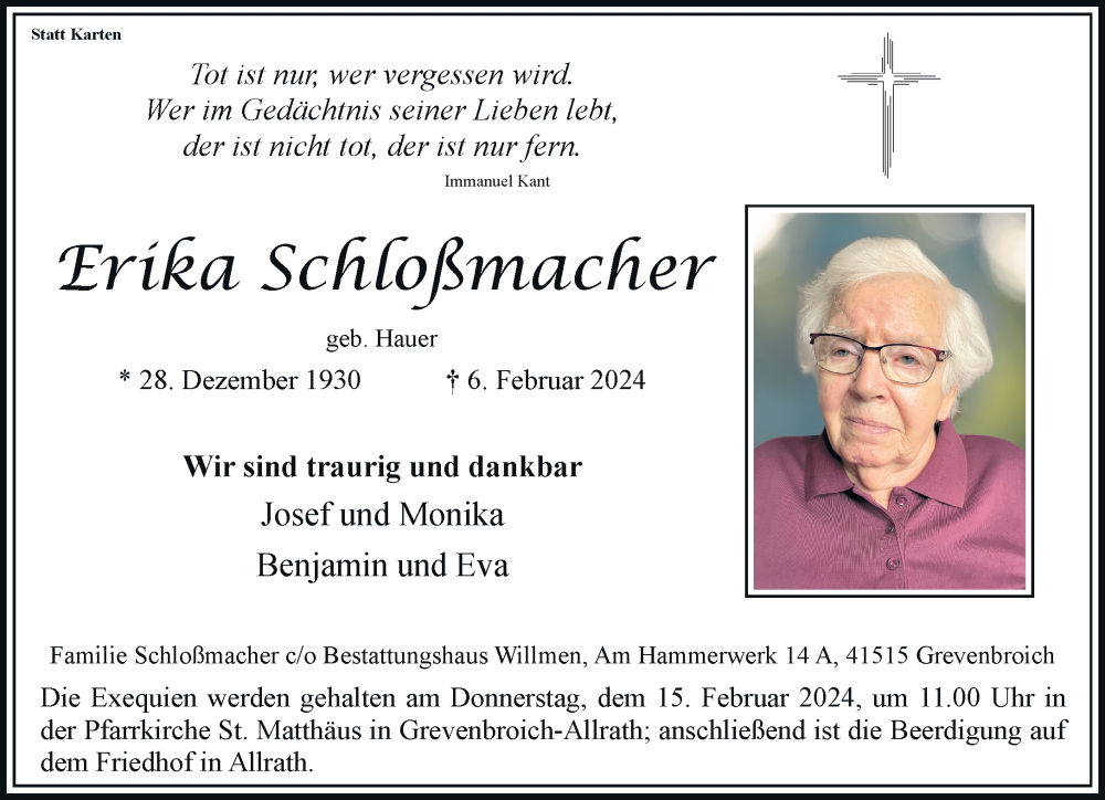  Traueranzeige für Erika Schloßmacher vom 10.02.2024 aus Rheinische Post