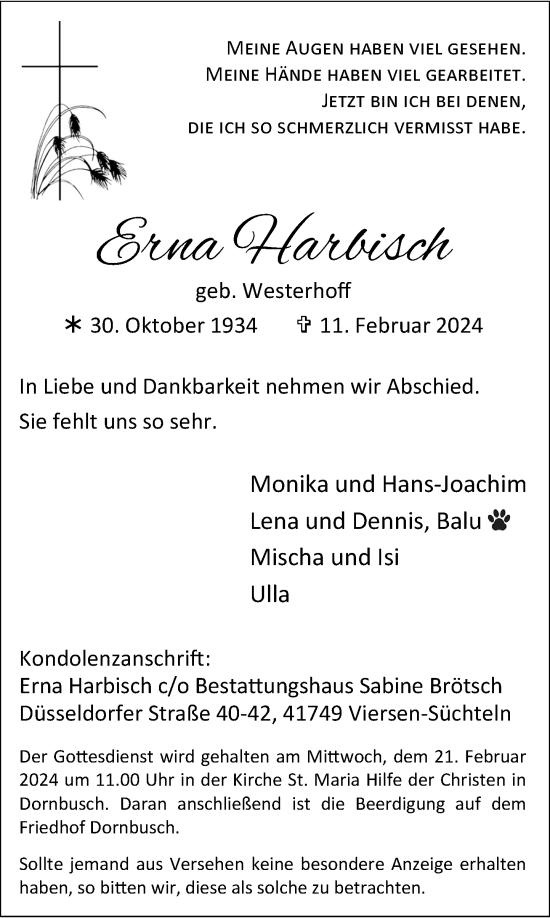 Traueranzeige von Erna Harbisch von Rheinische Post