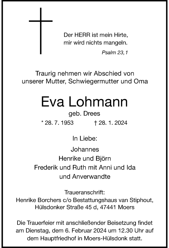 Traueranzeige von Eva Lohmann von Rheinische Post