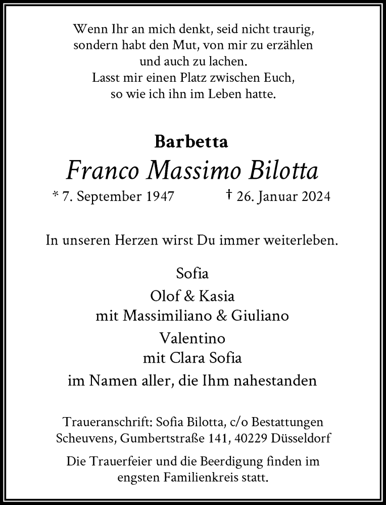 Traueranzeige für Franco Massimo Bilotta vom 10.02.2024 aus Rheinische Post