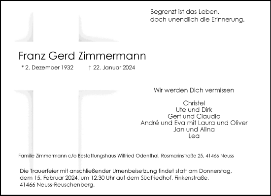 Traueranzeige von Franz Gerd Zimmermann von Rheinische Post