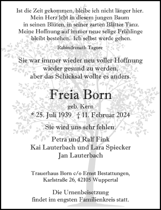 Traueranzeige von Freia Born von Rheinische Post