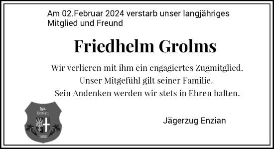 Traueranzeige von Friedhelm Grolms von Rheinische Post