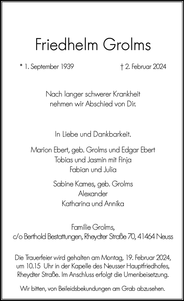  Traueranzeige für Friedhelm Grolms vom 10.02.2024 aus Rheinische Post